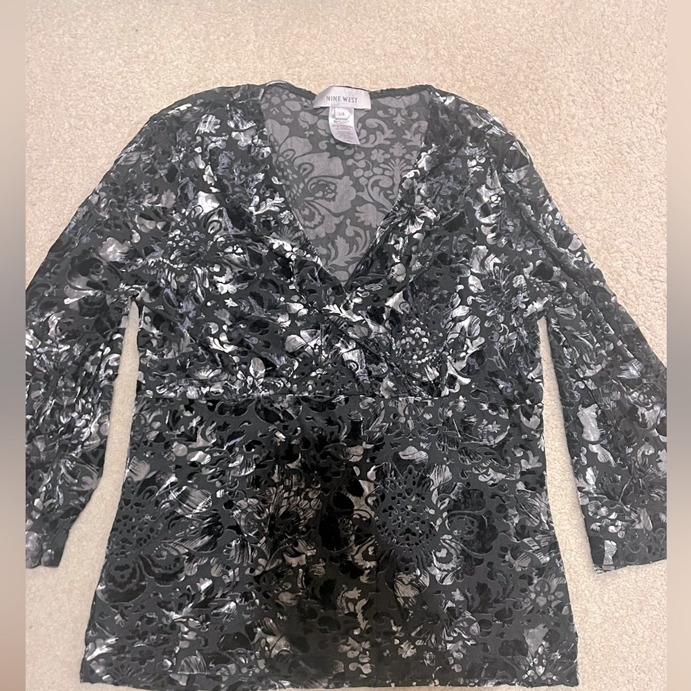 Y2K Velvet Burnout fairy grunge whimsygoth blouse plunging neck, bell sleeves L